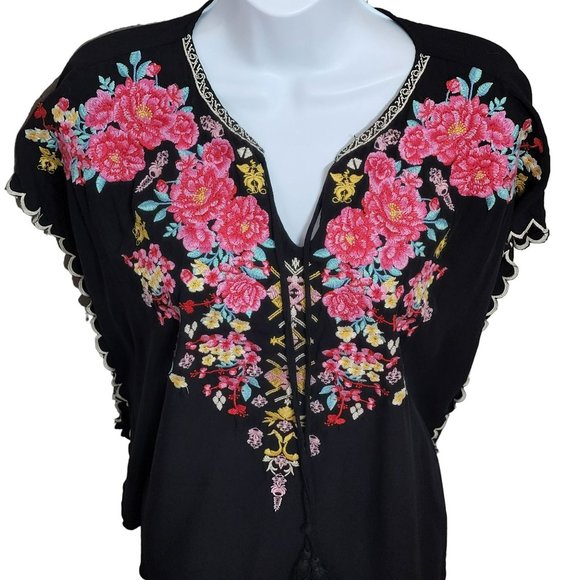 April Sky Women's Size Small Black Peasent Top, Gorgeous Floral Embroidery EUC - Picture 1 of 9